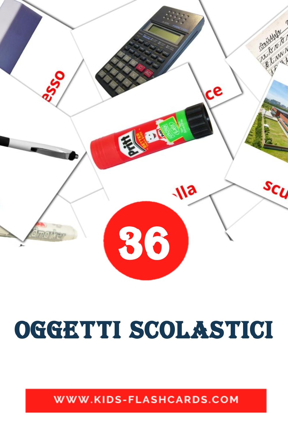 36 carte illustrate di Oggetti scolastici per la scuola materna in italiano