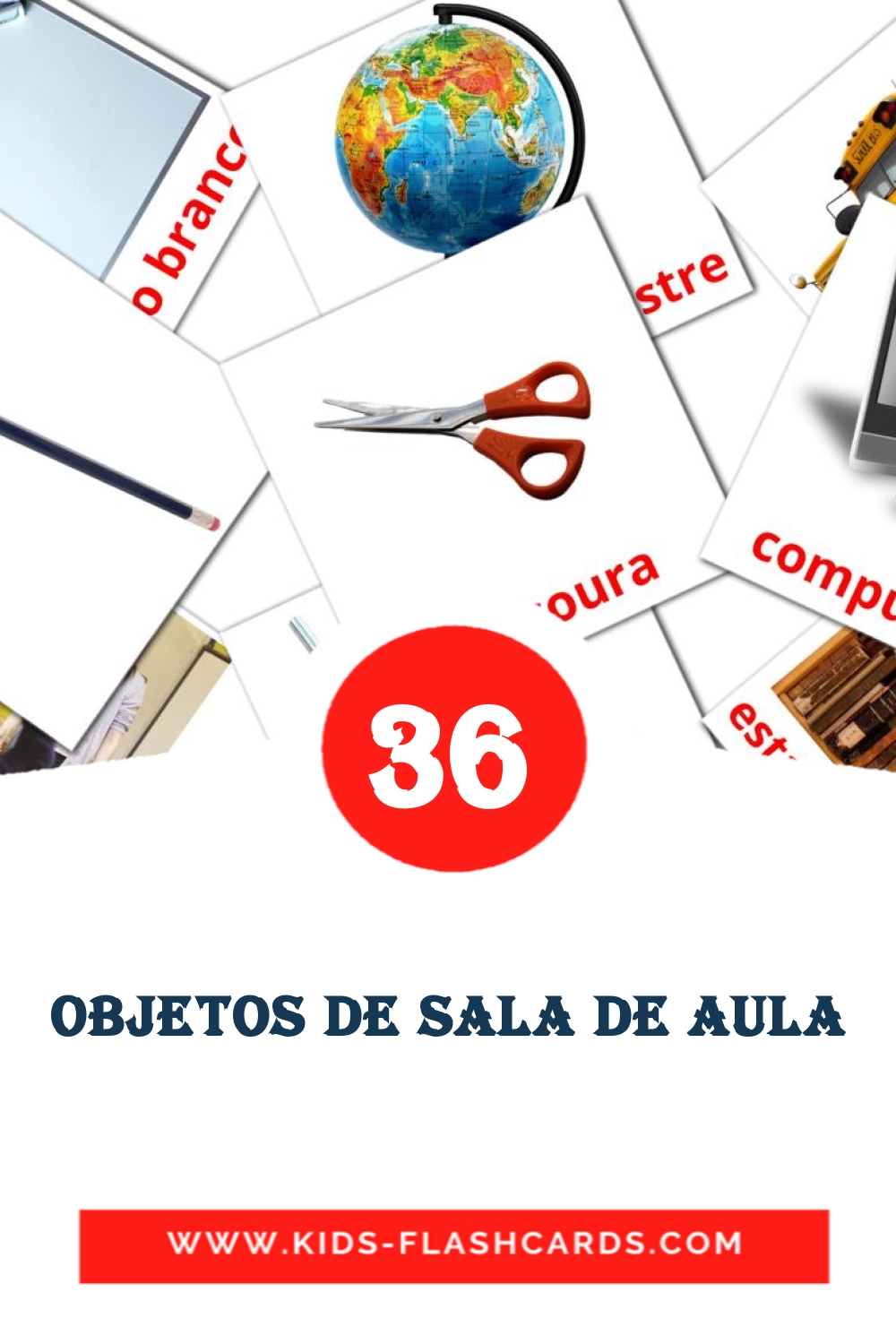 36 Cartões com Imagens de Objetos de sala de aula para Jardim de Infância em português