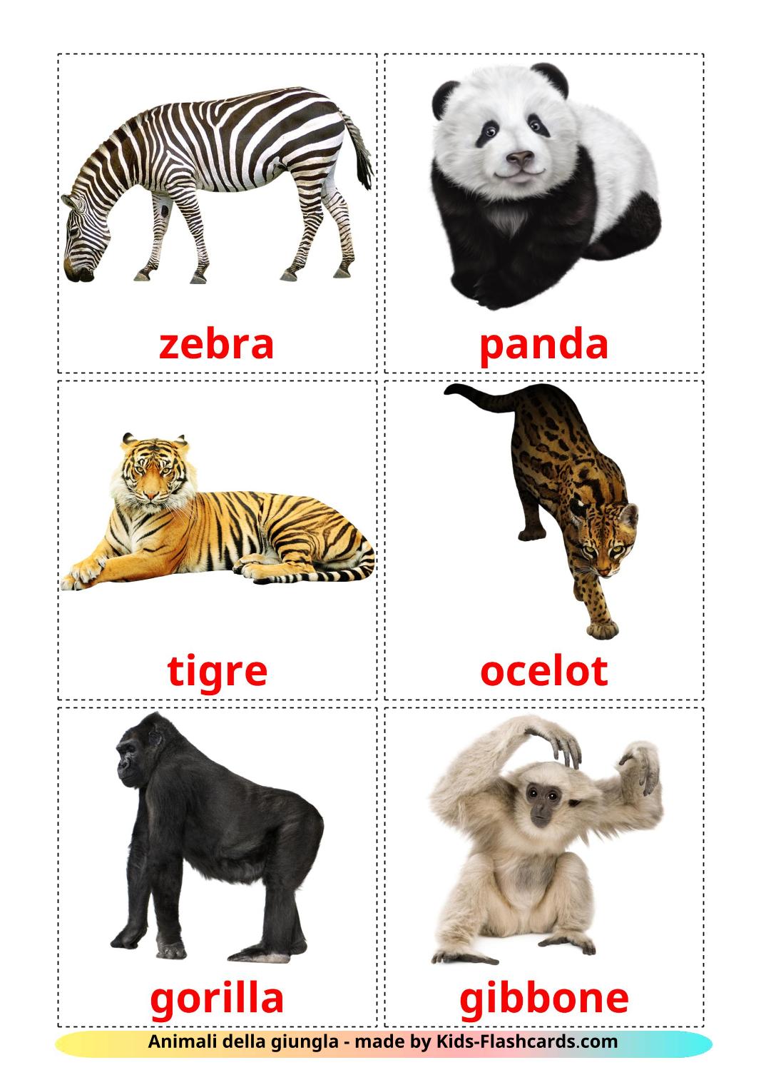 Animali della giungla - 21 flashcards italiano stampabili gratuitamente
