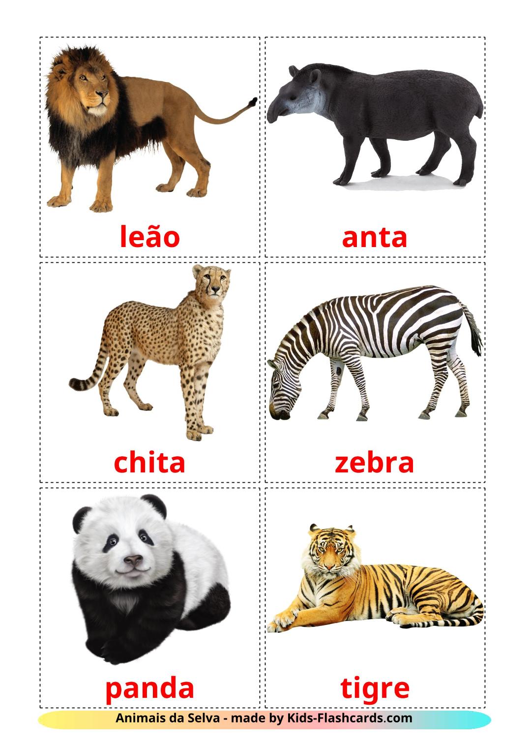 Animais da Selva - 21 Flashcards portuguêses gratuitos para impressão