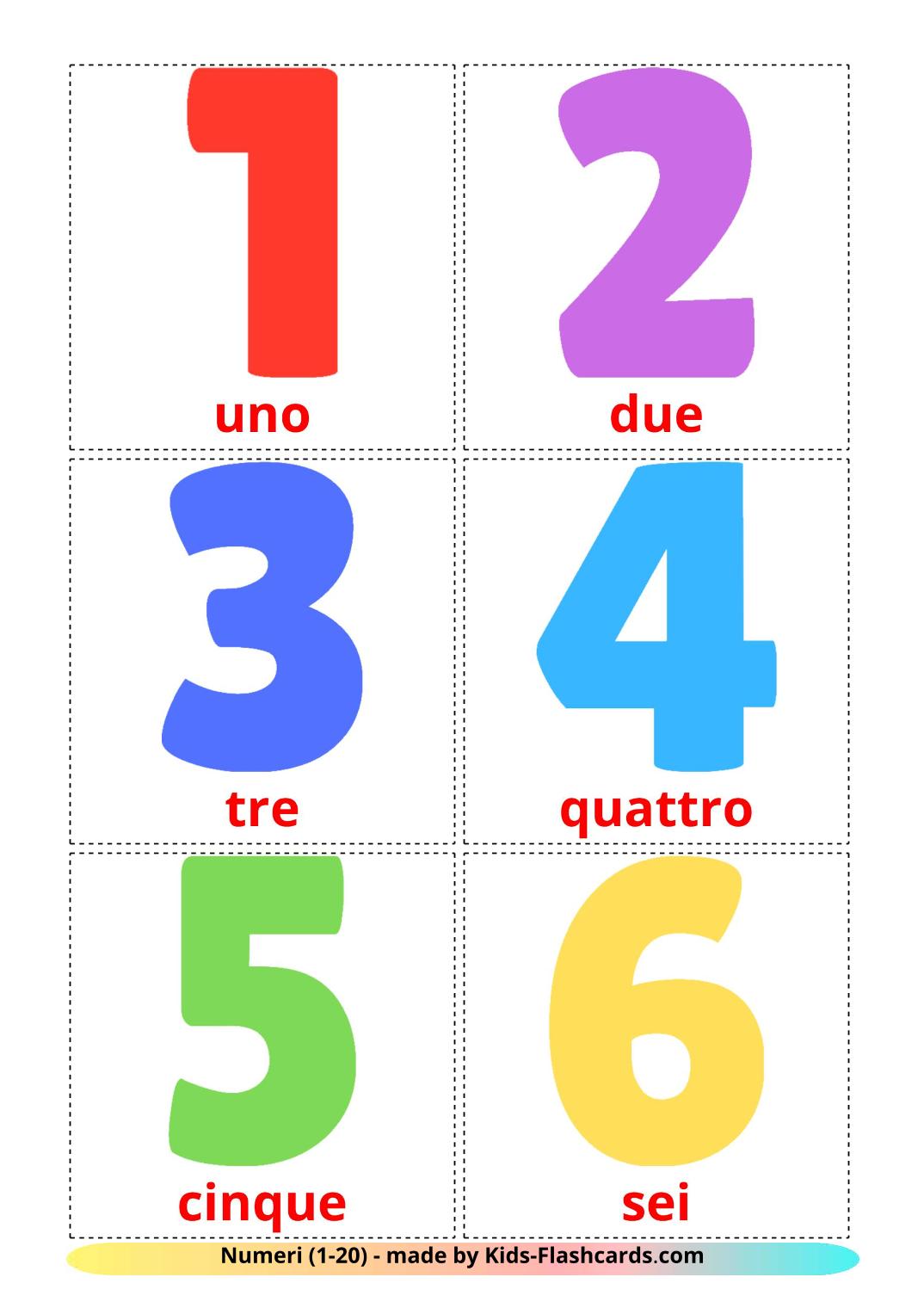 Numeri (1-20) - 20 flashcards italiano stampabili gratuitamente