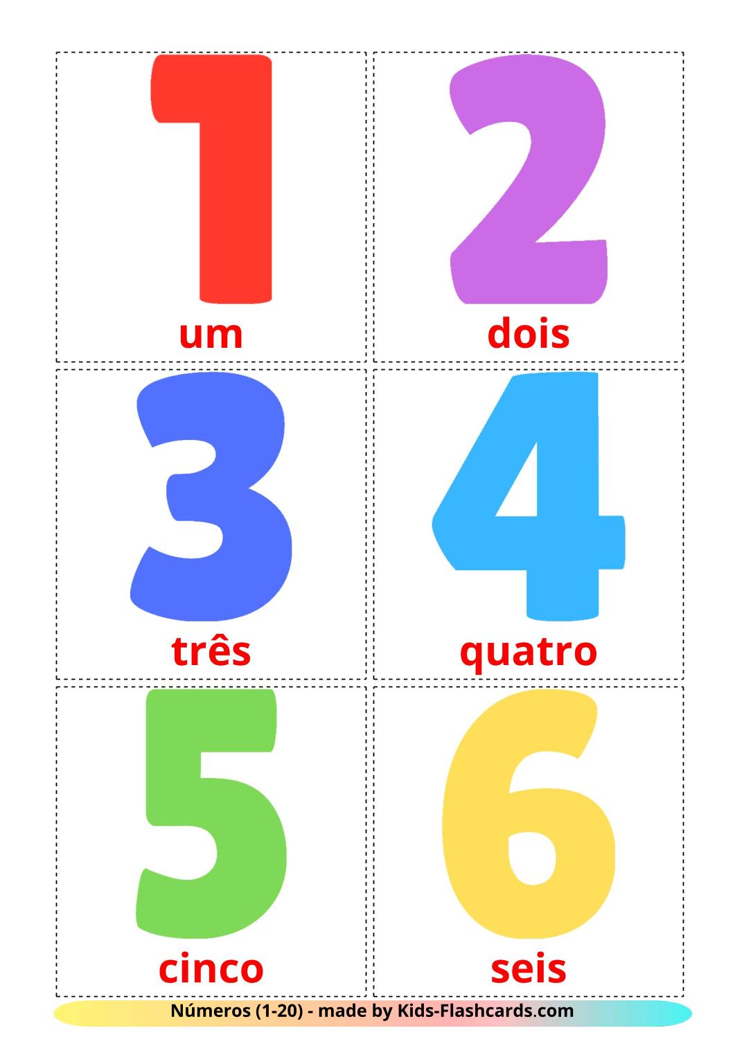 Números (1-20) - 20 Flashcards portuguêses gratuitos para impressão